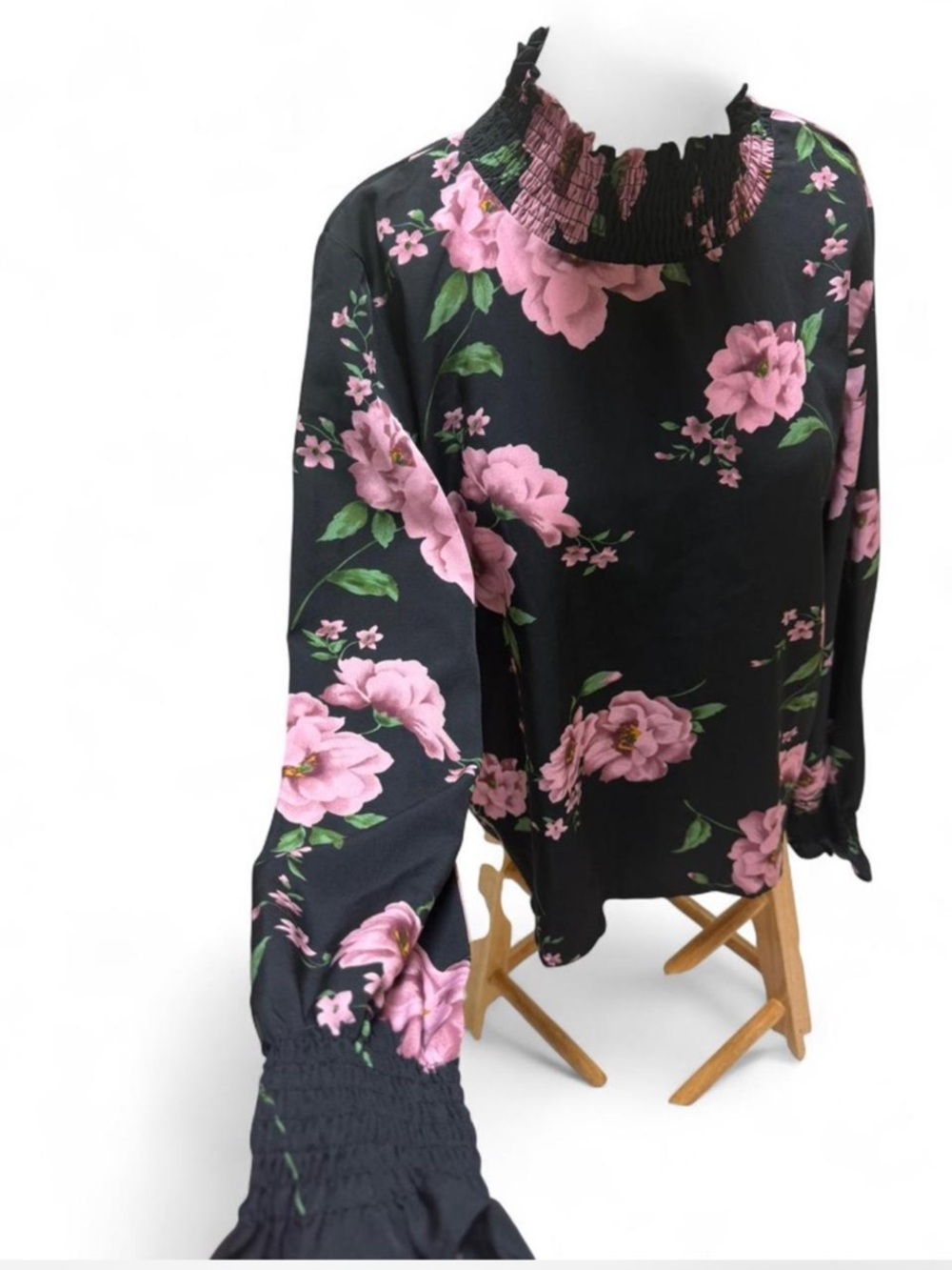 Othr Black Floral Smocked-Ruffle Long Sleeve Blouse